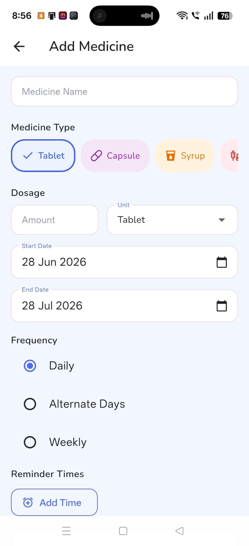 Add Medicine Screen Image